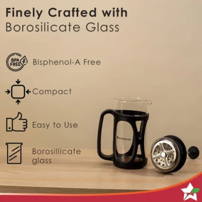 French Press Coffee & Tea Maker 600 ml | Premium Heat Resistant Borosilicate Glass Carafe in SS Housing | 4 Level Filtration System | SS Plunger with Mesh | 3-4 Cups of Coffee | Brews in Just 3 Minutes | Black | 1 Year Warranty - Image 4