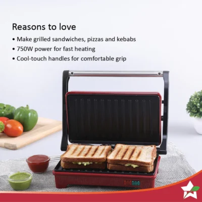 SKT Mini Plus | Crimson Edge Electric Contact Grill & Sandwich Maker| 3-in-1 Toaster, Griller & Sandwich Maker| Cool Touch Handle|Auto Shut Off | 1 Year Warranty| Red - Image 2