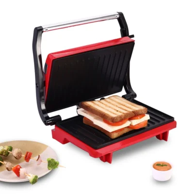 SKT Family Size| Crimson Edge Electric Contact Grill & Sandwich Maker| Healthy Non-Stick Coating | LED Indicator| 2 Year Warranty| Red