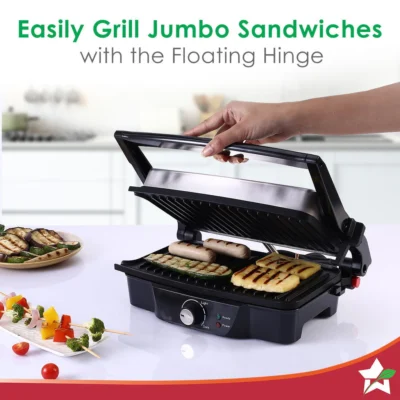 Sanjeev Kapoor Tandoor| Electric Contact Grill & Sandwich Maker |3-in-1 Appliance|1500 Watt|180 Degree Grilling|Cool Touch Handle|Auto Shut Off|LED Indicator|2 Year Warranty|Black & Silver - Image 5