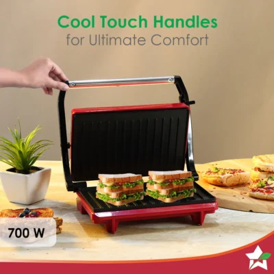 SKT Family Size| Crimson Edge Electric Contact Grill & Sandwich Maker| Healthy Non-Stick Coating | LED Indicator| 2 Year Warranty| Red - Image 4