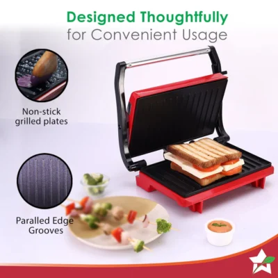 SKT Family Size| Crimson Edge Electric Contact Grill & Sandwich Maker| Healthy Non-Stick Coating | LED Indicator| 2 Year Warranty| Red - Image 3