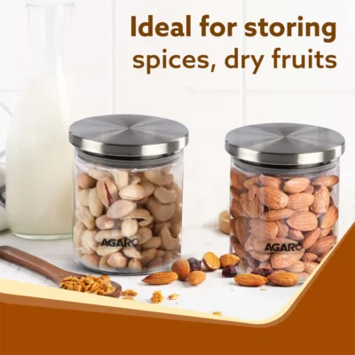 AGARO Elite Borosilicate Glass Jar 600 ml, Round Shaped, Steel Lid, Storage Glass Container, Transparent, Kitchen Organiser, Multipurpose Jar, Pack of 2 - Image 5