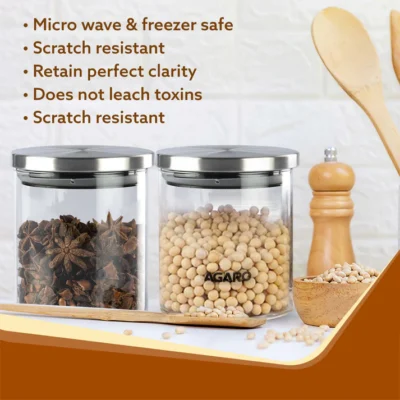 AGARO Elite Borosilicate Glass Jar 600 ml, Round Shaped, Steel Lid, Storage Glass Container, Transparent, Kitchen Organiser, Multipurpose Jar, Pack of 2 - Image 2