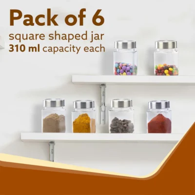Elegant Cube Jar 310 ml, Square Shaped, Transparent Lid With Steel Finish, Storage Glass Container, Transparent, Kitchen Organiser, Multipurpose Jar, Pack of 6 - Image 6