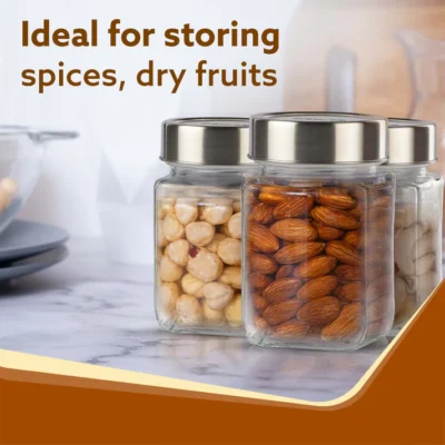 Elegant Cube Jar 310 ml, Square Shaped, Transparent Lid With Steel Finish, Storage Glass Container, Transparent, Kitchen Organiser, Multipurpose Jar, Pack of 6 - Image 5