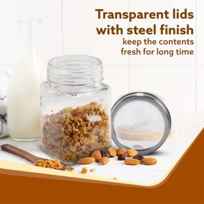 Elegant Cube Jar 310 ml, Square Shaped, Transparent Lid With Steel Finish, Storage Glass Container, Transparent, Kitchen Organiser, Multipurpose Jar, Pack of 6 - Image 3