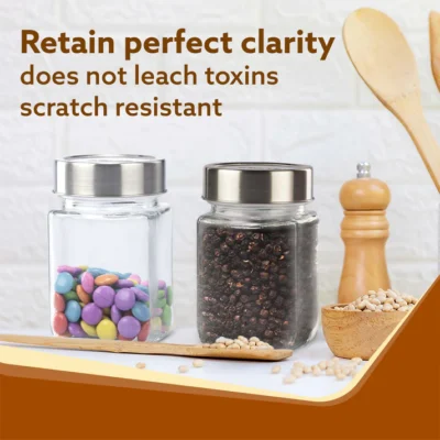 Elegant Cube Jar 310 ml, Square Shaped, Transparent Lid With Steel Finish, Storage Glass Container, Transparent, Kitchen Organiser, Multipurpose Jar, Pack of 6 - Image 2
