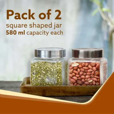 Elegant Cube Jar 580 ml, Square Shaped, Transparent Lid With Steel Finish, Storage Glass Container, Transparent, Kitchen Organiser, Multipurpose Jar, Pack of 2 - Image 4