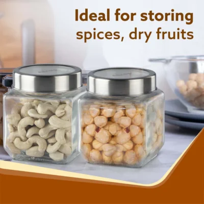 Elegant Cube Jar 580 ml, Square Shaped, Transparent Lid With Steel Finish, Storage Glass Container, Transparent, Kitchen Organiser, Multipurpose Jar, Pack of 2 - Image 3