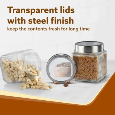 Elegant Cube Jar 580 ml, Square Shaped, Transparent Lid With Steel Finish, Storage Glass Container, Transparent, Kitchen Organiser, Multipurpose Jar, Pack of 2 - Image 2