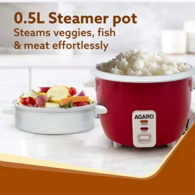 Elegant Electric Rice Cooker, 1L, 400W, Automatic Boiler, Steamer, Removable Aluminium Pot, Stainless Steel Lid, Keep Warm Function, Trivet Plate, Rice, Veggies, Red - Image 4