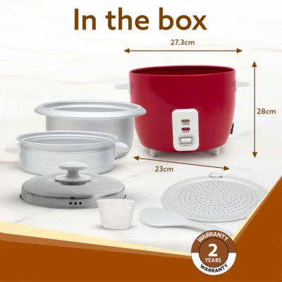 Elegant Electric Rice Cooker, 1L, 400W, Automatic Boiler, Steamer, Removable Aluminium Pot, Stainless Steel Lid, Keep Warm Function, Trivet Plate, Rice, Veggies, Red - Image 2