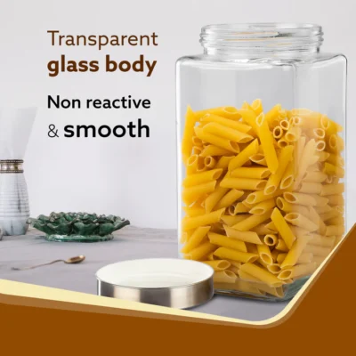 Elegant Glass Jar 2250 ml, Square Shaped, Steel Lid, Storage Glass Container, Transparent, Kitchen Organiser, Multipurpose Jar - Image 4