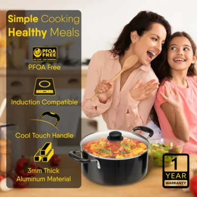 Elegant Non Stick Biryani Pot with Glass Lid, 26 cm Diameter, 5.5L Capacity, Non Stick Coated Aluminium Pot, Side Handle, Gas & Induction Oven Compatible, Biriyani, Pulao - Image 5