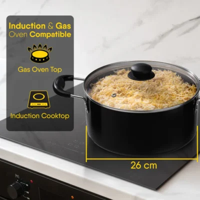 Elegant Non Stick Biryani Pot with Glass Lid, 26 cm Diameter, 5.5L Capacity, Non Stick Coated Aluminium Pot, Side Handle, Gas & Induction Oven Compatible, Biriyani, Pulao - Image 2