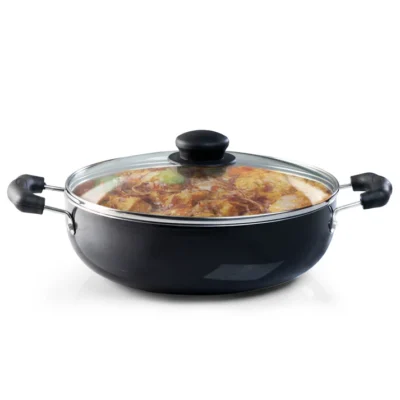 Elegant Non Stick Kadai with Glass Lid, 2.5L Capacity, 24 cm Diameter, Induction & Gas Oven Friendly, 3mm Thick, Riveted Cool Touch Handle, Granite Finish, PFOA Free, Cooking, Frying, Serving, cookware, Black
