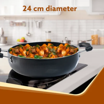 Elegant Non Stick Kadai with Glass Lid, 2.5L Capacity, 24 cm Diameter, Induction & Gas Oven Friendly, 3mm Thick, Riveted Cool Touch Handle, Granite Finish, PFOA Free, Cooking, Frying, Serving, cookware, Black - Image 2