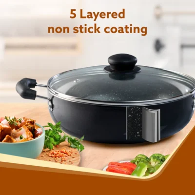 Elegant Non Stick Kadai with Glass Lid, 2.5L Capacity, 24 cm Diameter, Induction & Gas Oven Friendly, 3mm Thick, Riveted Cool Touch Handle, Granite Finish, PFOA Free, Cooking, Frying, Serving, cookware, Black - Image 3