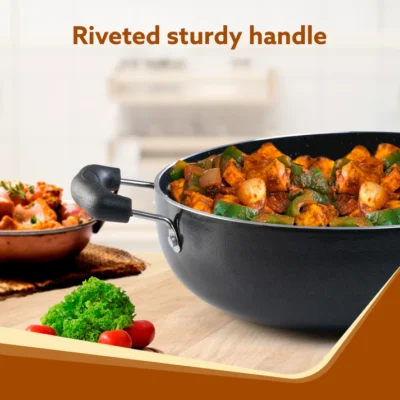 Elegant Non Stick Kadai with Glass Lid, 2.5L Capacity, 24 cm Diameter, Induction & Gas Oven Friendly, 3mm Thick, Riveted Cool Touch Handle, Granite Finish, PFOA Free, Cooking, Frying, Serving, cookware, Black - Image 4