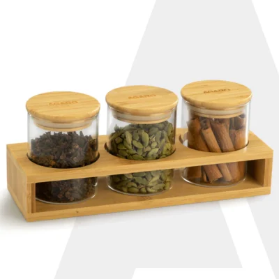 Elite Borosilicate Glass Jar 210 ml With Wooden Rack, Storage Glass Container, Transparent, Kitchen Organiser, Multipurpose Jar, Pack of 3