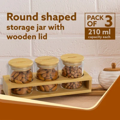 Elite Borosilicate Glass Jar 210 ml With Wooden Rack, Storage Glass Container, Transparent, Kitchen Organiser, Multipurpose Jar, Pack of 3 - Image 5