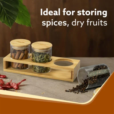 Elite Borosilicate Glass Jar 210 ml With Wooden Rack, Storage Glass Container, Transparent, Kitchen Organiser, Multipurpose Jar, Pack of 3 - Image 4