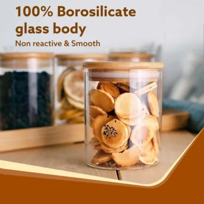 Elite Borosilicate Glass Jar 210 ml With Wooden Rack, Storage Glass Container, Transparent, Kitchen Organiser, Multipurpose Jar, Pack of 3 - Image 2