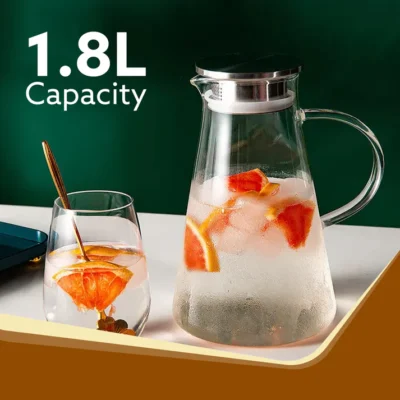 Elite Borosilicate Water Jug 1.8Ltr, Stainless Steel Air Tight lid, Iced Tea Pitcher, Water Jug, Hot Cold Water, Milk and Juice Beverage Carafes - Image 6