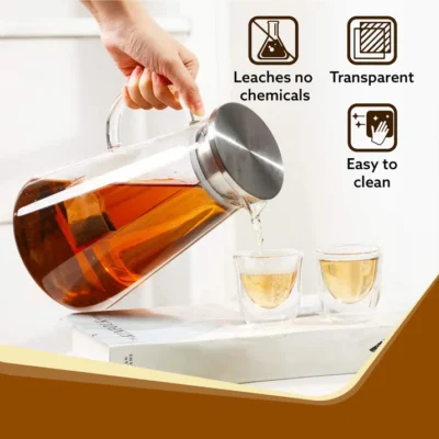 Elite Borosilicate Water Jug 1.8Ltr, Stainless Steel Air Tight lid, Iced Tea Pitcher, Water Jug, Hot Cold Water, Milk and Juice Beverage Carafes - Image 2