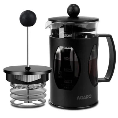 Elite French Press Coffee And Tea Maker, Borosilicate Glass Body With Sleeves, Glass Carafe, BPA Free Plastic Lid Strainer, 600Ml