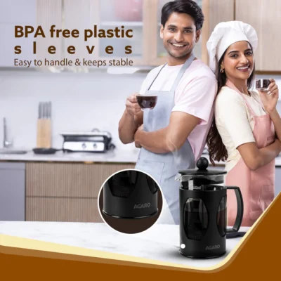 Elite French Press Coffee And Tea Maker, Borosilicate Glass Body With Sleeves, Glass Carafe, BPA Free Plastic Lid Strainer, 600Ml - Image 4