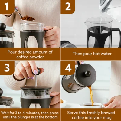 Elite French Press Coffee And Tea Maker, Borosilicate Glass Body With Sleeves, Glass Carafe, BPA Free Plastic Lid Strainer, 600Ml - Image 2