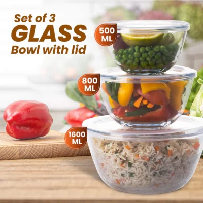 Elite Glass Bowl With Lid, 3 pcs Set - 500, 800,1600 ml - Image 3