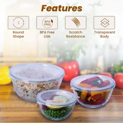 Elite Glass Bowl With Lid, 3 pcs Set - 500, 800,1600 ml - Image 2