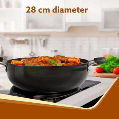 Elite Hard Anodised Kadhai With Glass Lid, 3.85L Capacity, 28 cm Diameter, Gas Oven Compatible, Riveted handle, 3mm thick plate, Cooking, Frying, Serving, Black - Image 5