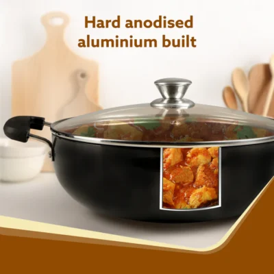 Elite Hard Anodised Kadhai With Glass Lid, 3.85L Capacity, 28 cm Diameter, Gas Oven Compatible, Riveted handle, 3mm thick plate, Cooking, Frying, Serving, Black - Image 4