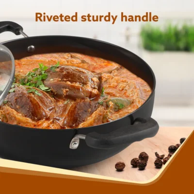 Elite Hard Anodised Kadhai With Glass Lid, 3.85L Capacity, 28 cm Diameter, Gas Oven Compatible, Riveted handle, 3mm thick plate, Cooking, Frying, Serving, Black - Image 3