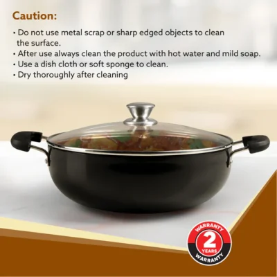 Elite Hard Anodised Kadhai With Glass Lid, 3.85L Capacity, 28 cm Diameter, Gas Oven Compatible, Riveted handle, 3mm thick plate, Cooking, Frying, Serving, Black - Image 2