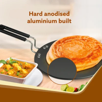 Elite Hard Anodised Tawa, 25cm diameter, Riveted handle, 3 mm thick plate, Gas Oven Compatible, Cooking, Cookware, Black - Image 4