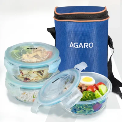 Elite Lunch Box, Set of 3 With Lunch Bag, Round Shaped, Borosilicate Glass, Leakproof & Airtight Locking Lids, Microwave & Freezer Safe, Office Lunch Box Set, Transparent, Set of 3 ƒ?? 400ml+400ml +400ml