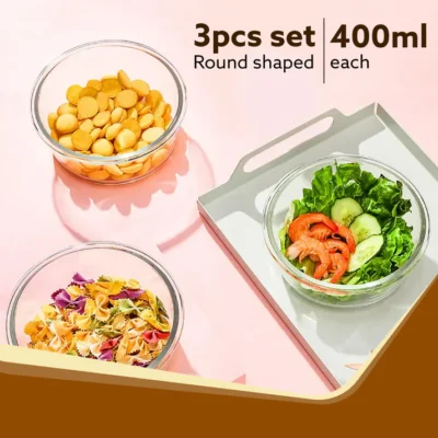 Elite Lunch Box, Set of 3 With Lunch Bag, Round Shaped, Borosilicate Glass, Leakproof & Airtight Locking Lids, Microwave & Freezer Safe, Office Lunch Box Set, Transparent, Set of 3 ƒ?? 400ml+400ml +400ml - Image 5