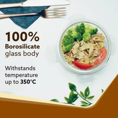 Elite Lunch Box, Set of 3 With Lunch Bag, Round Shaped, Borosilicate Glass, Leakproof & Airtight Locking Lids, Microwave & Freezer Safe, Office Lunch Box Set, Transparent, Set of 3 ƒ?? 400ml+400ml +400ml - Image 4