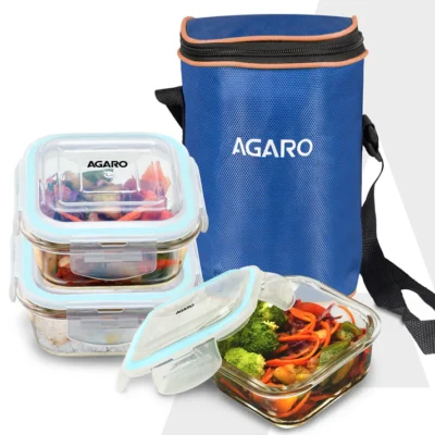 Elite Lunch Box, Set of 3 With Lunch Bag, Square Shaped, Borosilicate Glass, Leakproof & Airtight Locking Lids, Microwave & Freezer Safe, Office Lunch Box Set, Transparent, Set of 3 ƒ?? 320ml+320ml +320ml