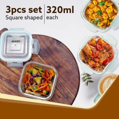 Elite Lunch Box, Set of 3 With Lunch Bag, Square Shaped, Borosilicate Glass, Leakproof & Airtight Locking Lids, Microwave & Freezer Safe, Office Lunch Box Set, Transparent, Set of 3 ƒ?? 320ml+320ml +320ml - Image 4