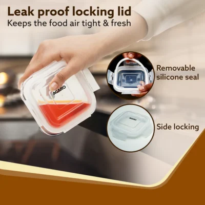 Elite Lunch Box, Set of 3 With Lunch Bag, Square Shaped, Borosilicate Glass, Leakproof & Airtight Locking Lids, Microwave & Freezer Safe, Office Lunch Box Set, Transparent, Set of 3 ƒ?? 320ml+320ml +320ml - Image 3