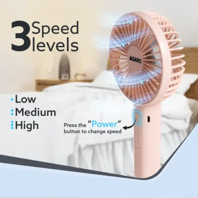 Elite Mini Fan, 4 inches, Rechargeable Lithium-Ion with 2600 mAh Battery, 3 Speed Option, Handheld and Table Dock Fan for Home, Kitchen, Office Desk, High Speed, Pink - Image 4