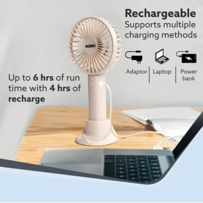 Elite Mini Fan, 4 inches, Rechargeable Lithium-Ion with 2600 mAh Battery, 3 Speed Option, Handheld and Table Dock Fan for Home, Kitchen, Office Desk, High Speed, Pink - Image 3