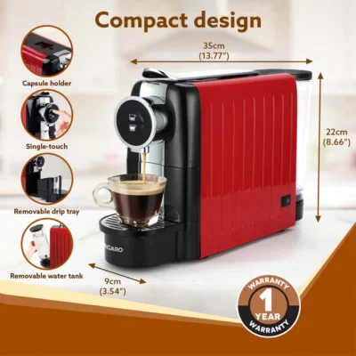 Galaxy Espresso Coffee Maker Single Serve Coffee Maker, Powerful 20 Bar Pressure, 650ml Water Tank, Automatic Temperature Control, Custom Brewing Volume, Anti Drip, Metal Body, Red - Image 2