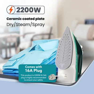 Galaxy Steam Iron, 2200W, Ceramic Coated Sole Plate, Sea Green - Image 6